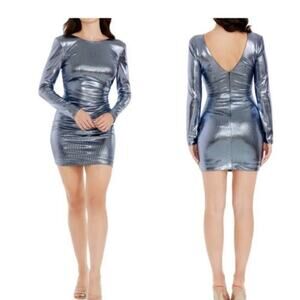 New Dress The Population Lolita Ice Blue Multi Metallic Ruched Bodycon Dress L